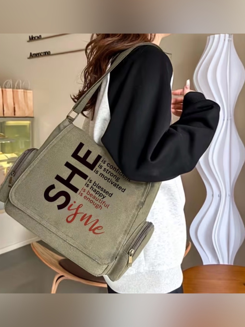 Canvas Tote Messenger Bag - Olive Green